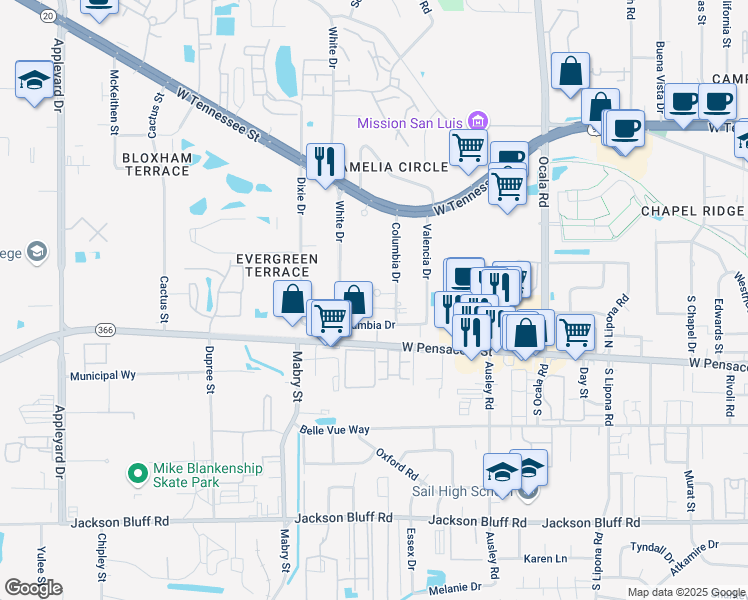 map of restaurants, bars, coffee shops, grocery stores, and more near 2307 Columbia Court in Tallahassee