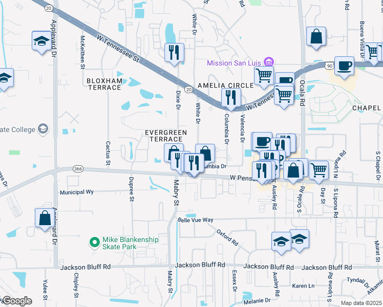 map of restaurants, bars, coffee shops, grocery stores, and more near 120 White Drive in Tallahassee