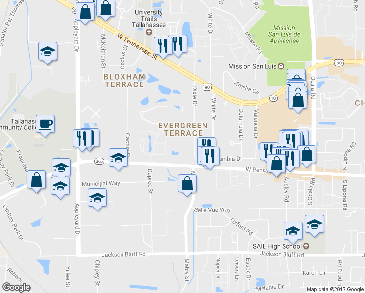 map of restaurants, bars, coffee shops, grocery stores, and more near 106 Dixie Drive in Tallahassee