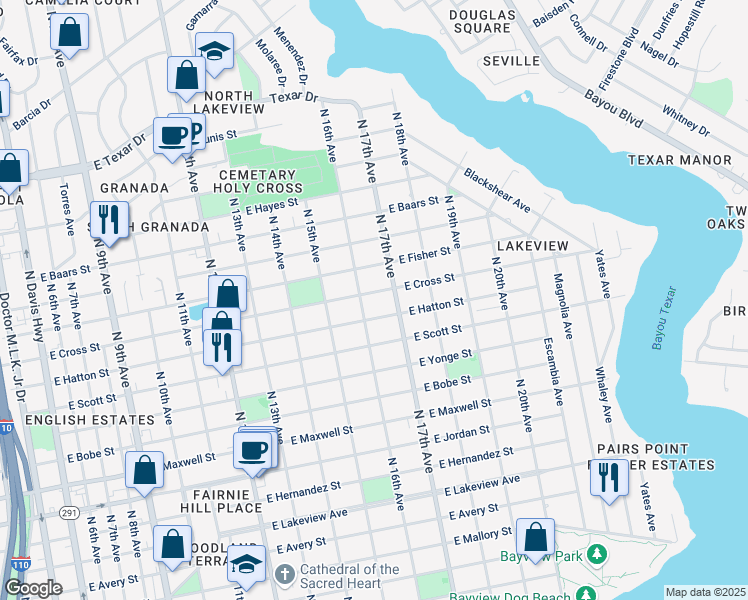 map of restaurants, bars, coffee shops, grocery stores, and more near 1660 East Hatton Street in Pensacola