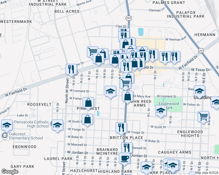 map of restaurants, bars, coffee shops, grocery stores, and more near 2826 North R Street in Pensacola