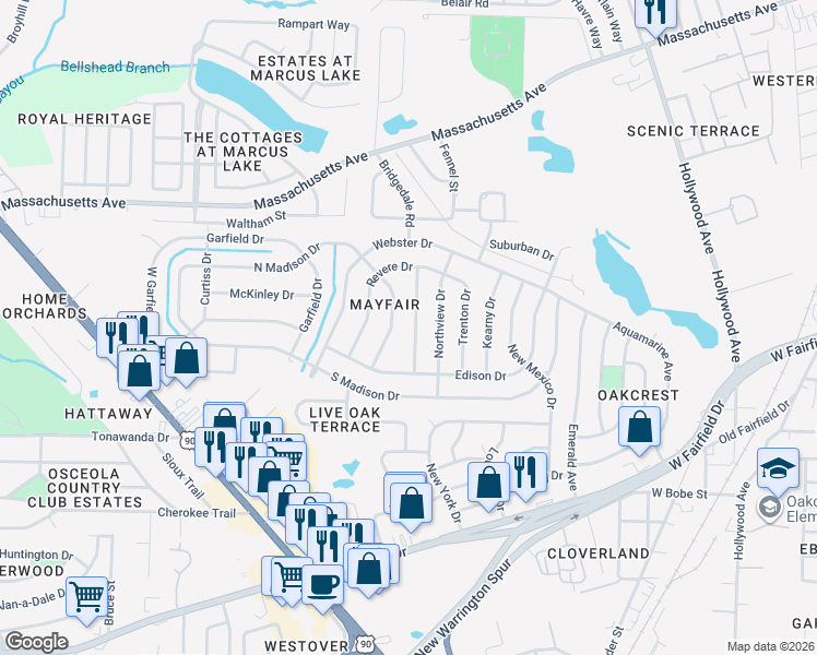 map of restaurants, bars, coffee shops, grocery stores, and more near 1012 Potomac Drive in Pensacola
