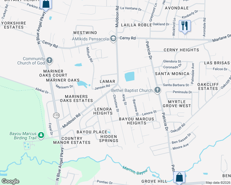 map of restaurants, bars, coffee shops, grocery stores, and more near 3118 Christine Street in Pensacola