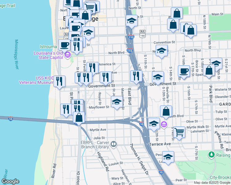 map of restaurants, bars, coffee shops, grocery stores, and more near 615 Saint Joseph Street in Baton Rouge