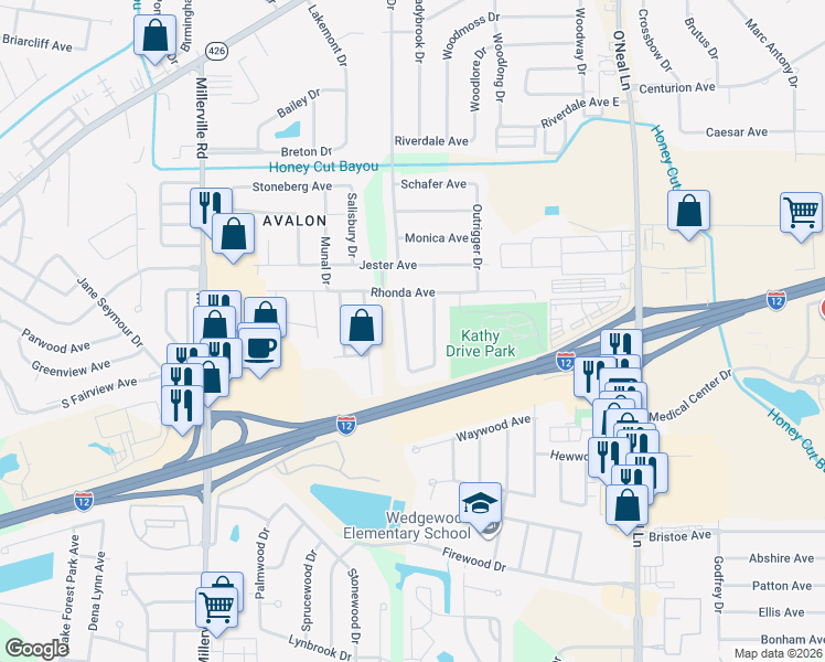 map of restaurants, bars, coffee shops, grocery stores, and more near 1924 West Marsden Place in Baton Rouge