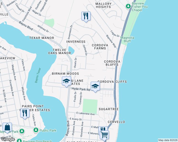 map of restaurants, bars, coffee shops, grocery stores, and more near 3123 Windermere Drive in Pensacola