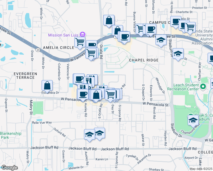 map of restaurants, bars, coffee shops, grocery stores, and more near 2004 Crabapple Drive in Tallahassee