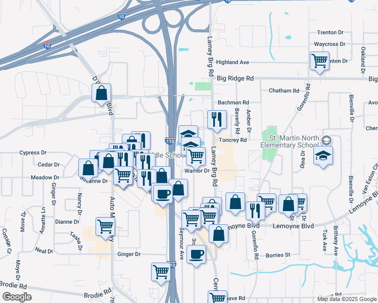 map of restaurants, bars, coffee shops, grocery stores, and more near in D'Iberville