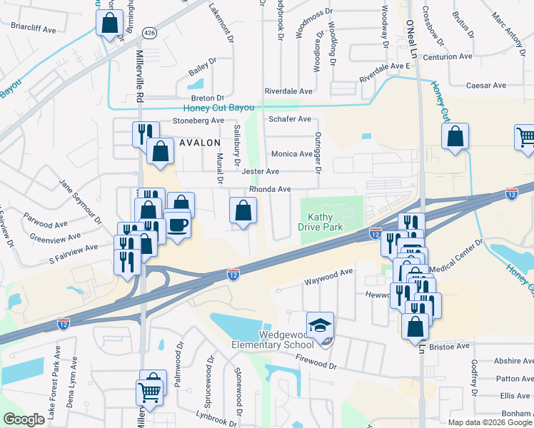 map of restaurants, bars, coffee shops, grocery stores, and more near 1924 West Marsden Place in Baton Rouge