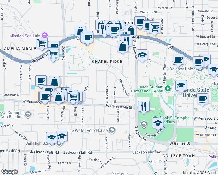 map of restaurants, bars, coffee shops, grocery stores, and more near 117 Chapel Drive in Tallahassee