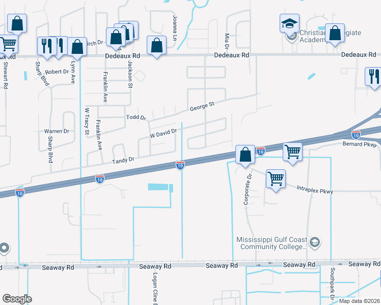 map of restaurants, bars, coffee shops, grocery stores, and more near 2616 West Samuel Street in Gulfport