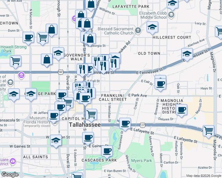 map of restaurants, bars, coffee shops, grocery stores, and more near 418 East Park Avenue in Tallahassee