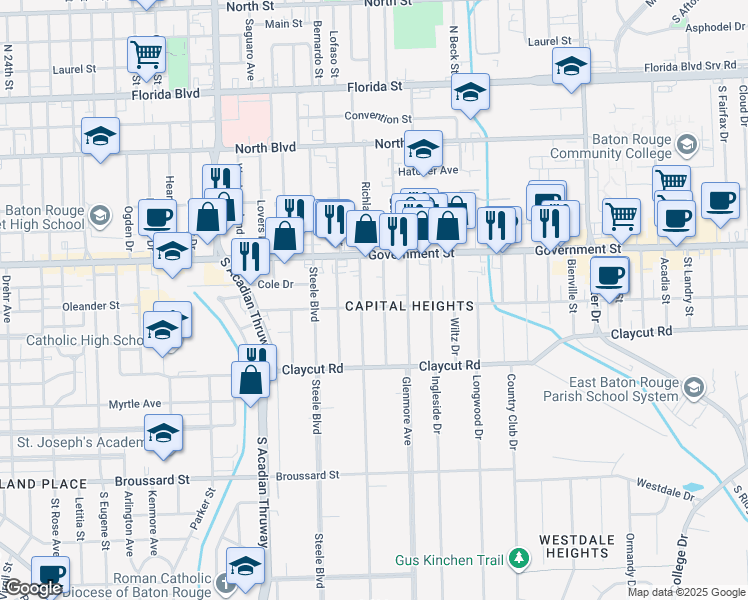 map of restaurants, bars, coffee shops, grocery stores, and more near 655 Edison Street in Baton Rouge