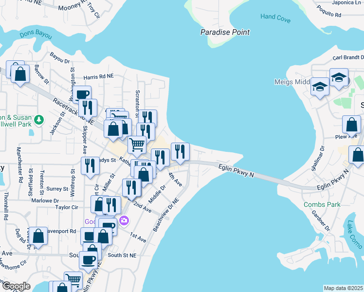 map of restaurants, bars, coffee shops, grocery stores, and more near 726 Eglin Parkway in Fort Walton Beach