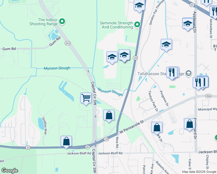 map of restaurants, bars, coffee shops, grocery stores, and more near 4355 Conifer Street in Tallahassee