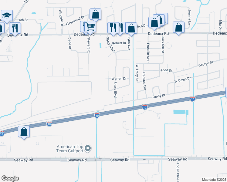 map of restaurants, bars, coffee shops, grocery stores, and more near 10521 Bay Tree Drive in Gulfport