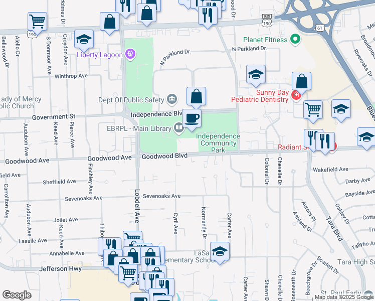 map of restaurants, bars, coffee shops, grocery stores, and more near 7711 Goodwood Boulevard in Baton Rouge