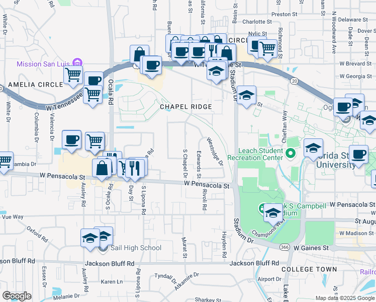 map of restaurants, bars, coffee shops, grocery stores, and more near 117 Chapel Drive in Tallahassee