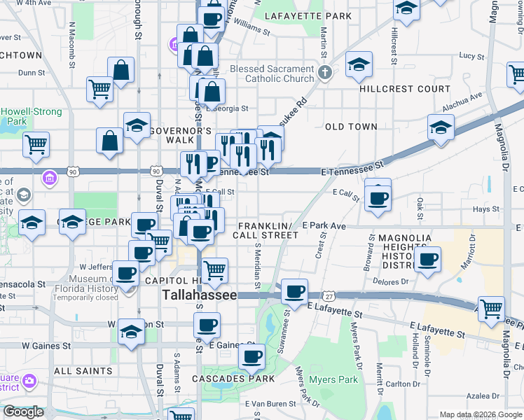 map of restaurants, bars, coffee shops, grocery stores, and more near 504 Beverly Street in Tallahassee