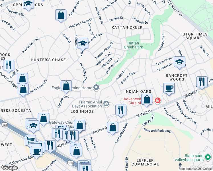 map of restaurants, bars, coffee shops, grocery stores, and more near 7516 Dallas Drive in Austin