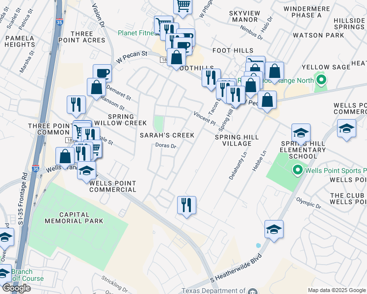 map of restaurants, bars, coffee shops, grocery stores, and more near 1001 Doras Drive in Pflugerville