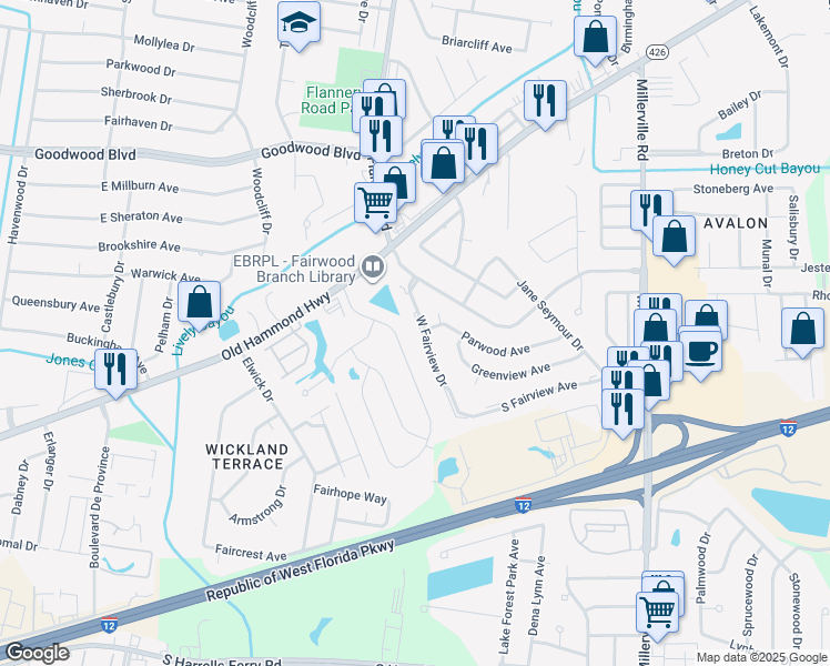 map of restaurants, bars, coffee shops, grocery stores, and more near 1472 West Fairview Drive in Baton Rouge