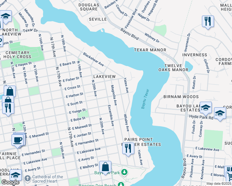 map of restaurants, bars, coffee shops, grocery stores, and more near 2200 East Scott Street in Pensacola