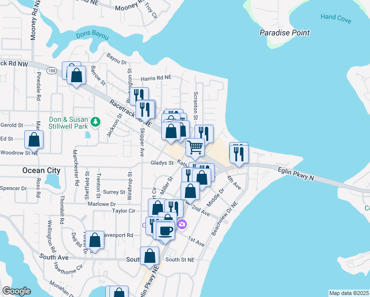 map of restaurants, bars, coffee shops, grocery stores, and more near 419 Racetrack Road Northeast in Fort Walton Beach