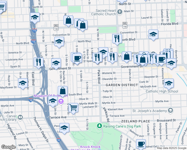 map of restaurants, bars, coffee shops, grocery stores, and more near 1814 Wisteria Street in Baton Rouge
