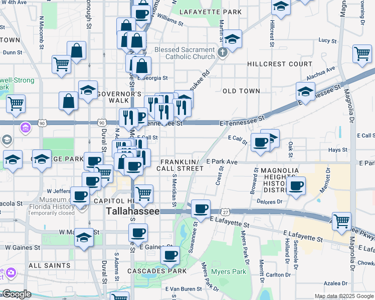 map of restaurants, bars, coffee shops, grocery stores, and more near 524 Beverly Street in Tallahassee