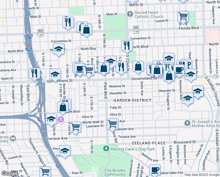 map of restaurants, bars, coffee shops, grocery stores, and more near 1930 Wisteria Street in Baton Rouge