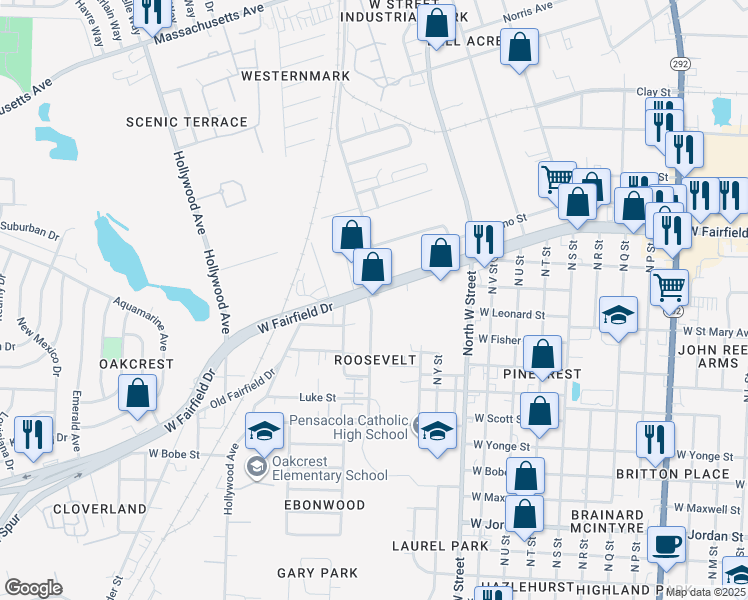 map of restaurants, bars, coffee shops, grocery stores, and more near 3111 West Fairfield Drive in Pensacola