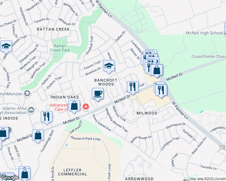 map of restaurants, bars, coffee shops, grocery stores, and more near 6280 McNeil Drive in Austin