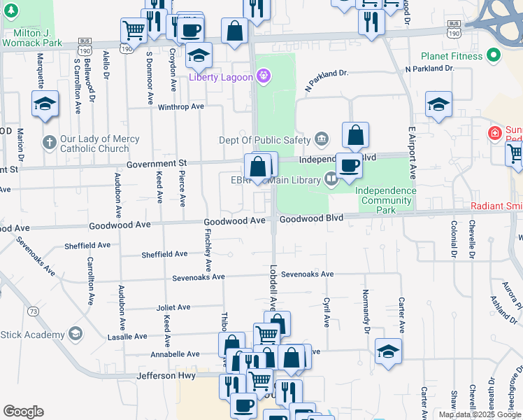map of restaurants, bars, coffee shops, grocery stores, and more near 7413 Elderflower Alley South in Baton Rouge