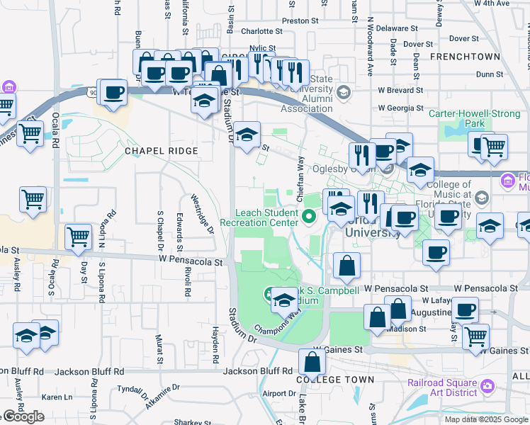 map of restaurants, bars, coffee shops, grocery stores, and more near Spirit Way in Tallahassee