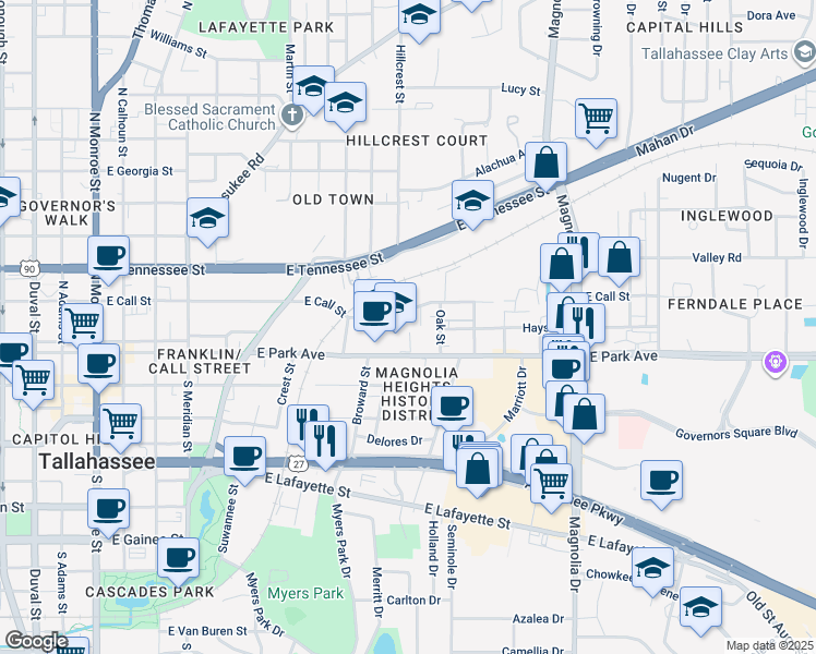 map of restaurants, bars, coffee shops, grocery stores, and more near 830 East Park Avenue in Tallahassee