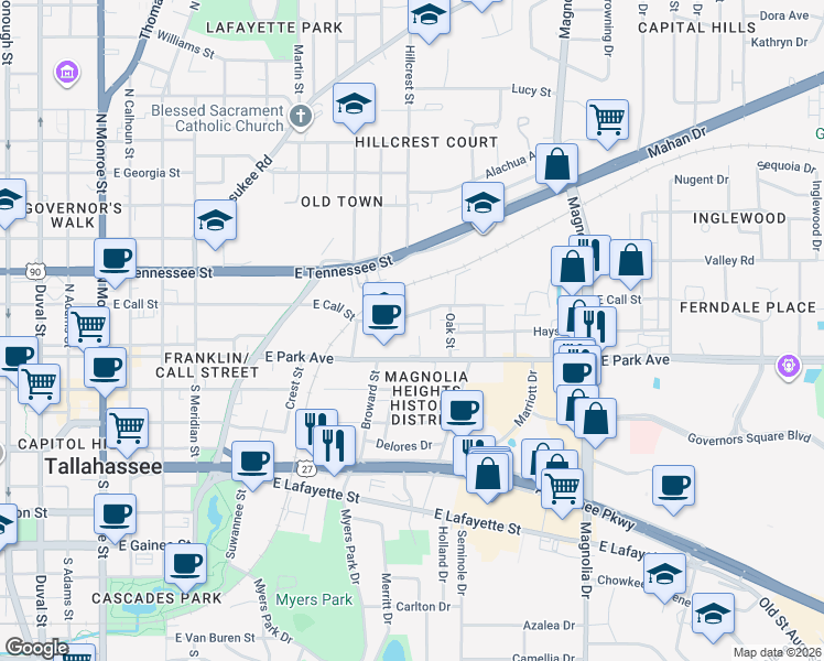 map of restaurants, bars, coffee shops, grocery stores, and more near 830 East Park Avenue in Tallahassee