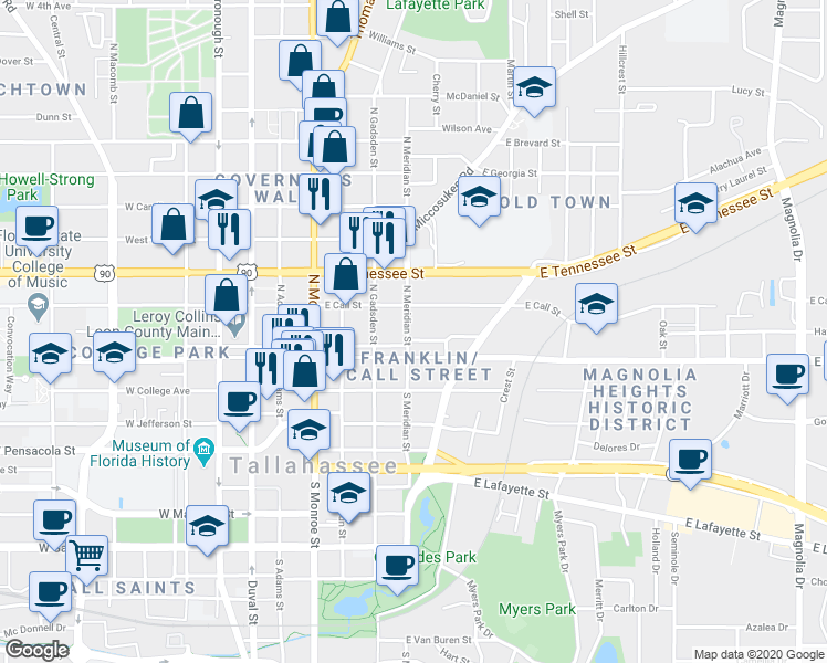 map of restaurants, bars, coffee shops, grocery stores, and more near 418 East Park Avenue in Tallahassee