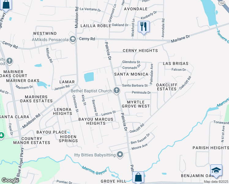 map of restaurants, bars, coffee shops, grocery stores, and more near 3097 Patricia Drive in Pensacola