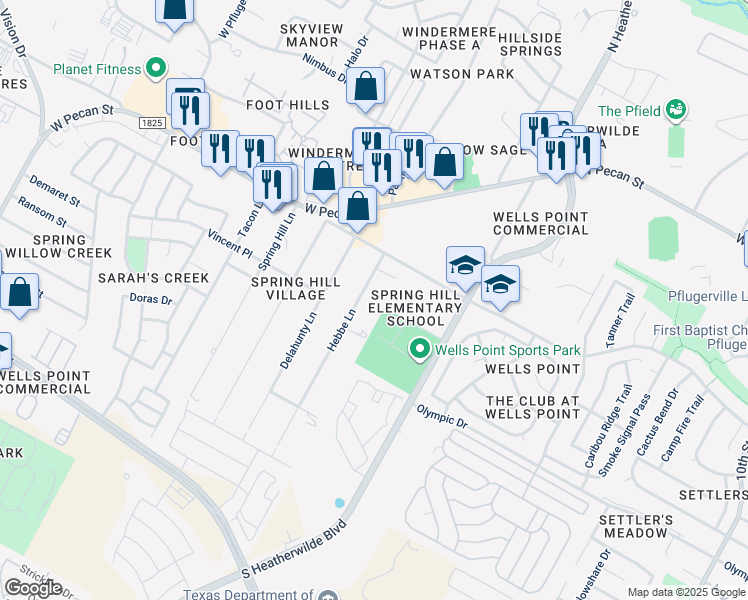 map of restaurants, bars, coffee shops, grocery stores, and more near 15601 Hebbe Lane in Pflugerville