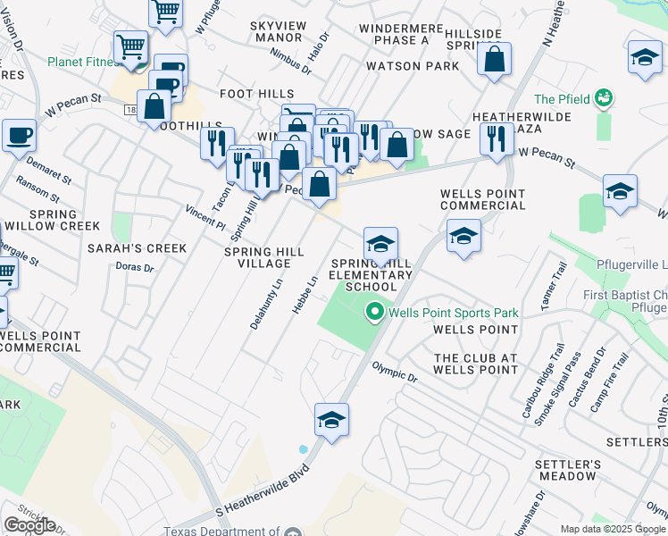 map of restaurants, bars, coffee shops, grocery stores, and more near 15601 Hebbe Lane in Pflugerville