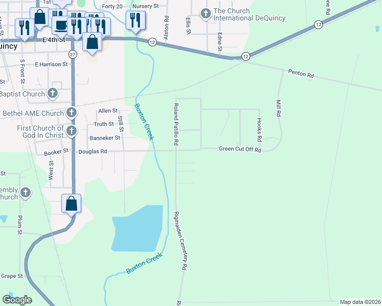 map of restaurants, bars, coffee shops, grocery stores, and more near 1191 Douglas Road in DeQuincy