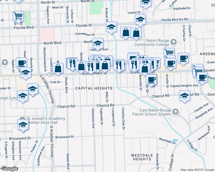 map of restaurants, bars, coffee shops, grocery stores, and more near 4405 Capital Heights Avenue in Baton Rouge