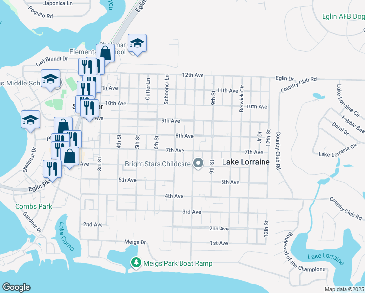 map of restaurants, bars, coffee shops, grocery stores, and more near 73 7th Avenue in Shalimar