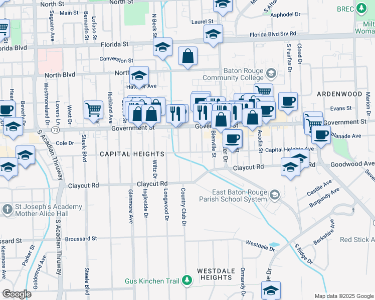 map of restaurants, bars, coffee shops, grocery stores, and more near 664 Moore Street in Baton Rouge