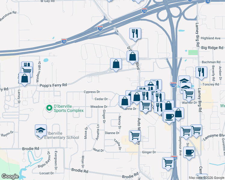 map of restaurants, bars, coffee shops, grocery stores, and more near 600 Cypress Drive in D'Iberville