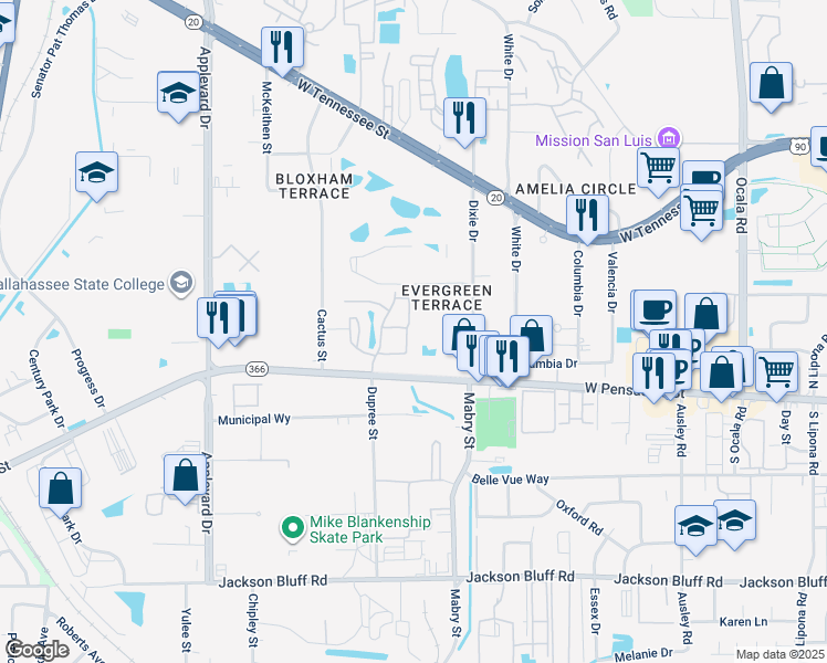 map of restaurants, bars, coffee shops, grocery stores, and more near 22 Blue Heron Circle in Tallahassee