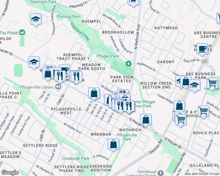 map of restaurants, bars, coffee shops, grocery stores, and more near 300 West Walnut Street in Pflugerville