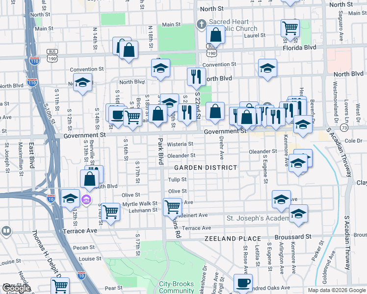 map of restaurants, bars, coffee shops, grocery stores, and more near 628 Camellia Avenue in Baton Rouge