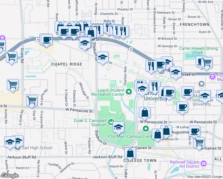 map of restaurants, bars, coffee shops, grocery stores, and more near Spirit Way in Tallahassee